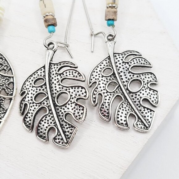 2 Drop Dangle Leaf Earrings Silver Tone Boho Bohemian 2.75" Large Hooks EUC - Picture 2 of 5